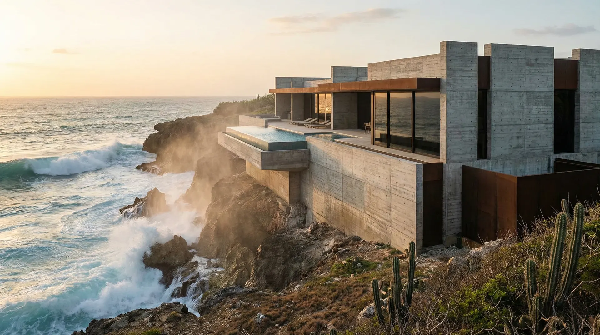 Construcción frente al mar con olas golpeando la playa