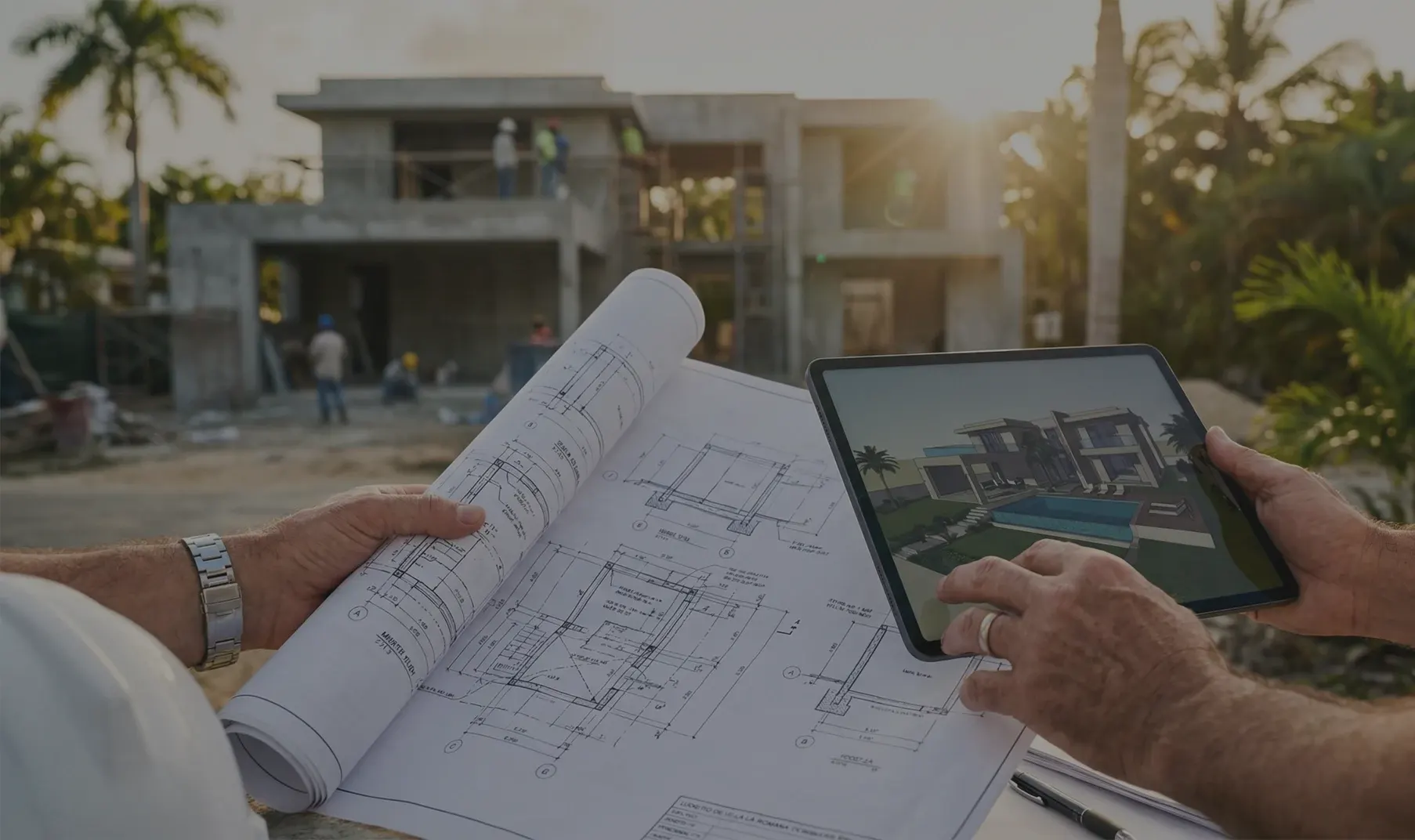 Expertos de la construcción revisando planos y maqueta en tablet frente a obra en construcción
