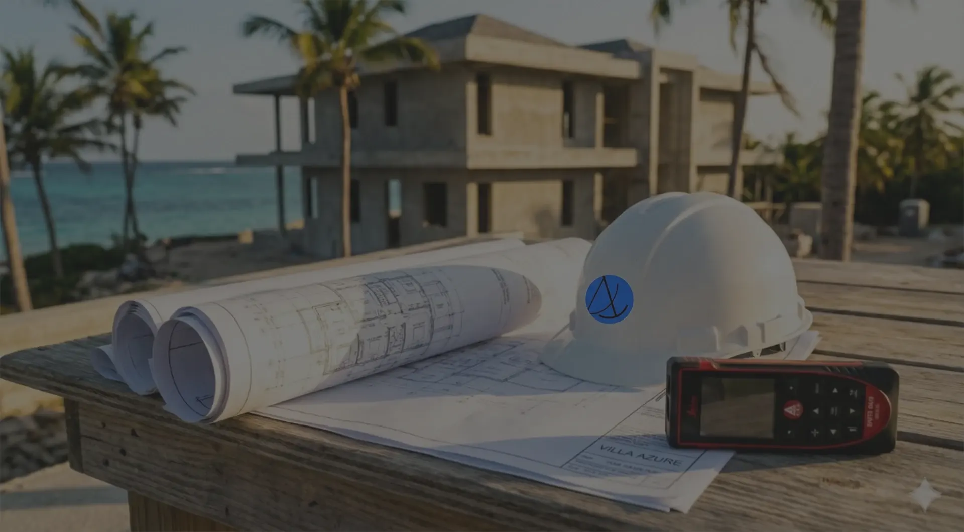 Planos y casco de constructor, obra en construcción de fondo, planificación estratégica de proyecto inmobiliario